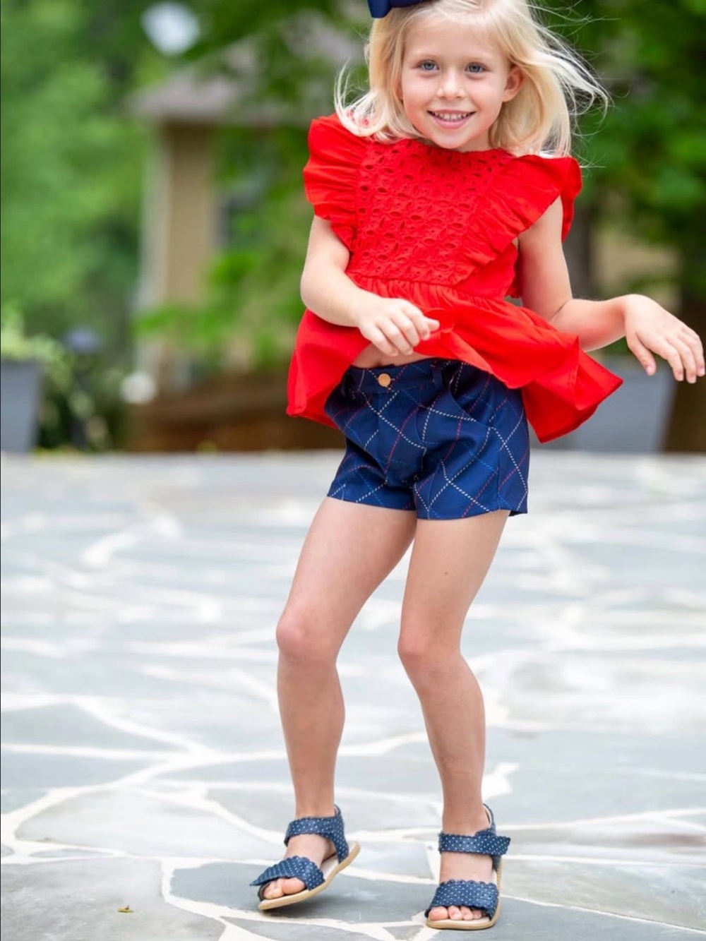 Boutique Girls Pleated Argyle Shorts Blue Red White Size 2 Pockets Cotton Blend